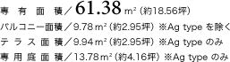 専有面積／61.38平米（約18.56坪）、バルコニー面積／9.78平米（約2.95坪）※Ag type を除く、テラス面積／9.94平米（約2.95坪）※Ag type のみ、専用庭面積／13.78平米（約4.16坪）※Ag type のみ